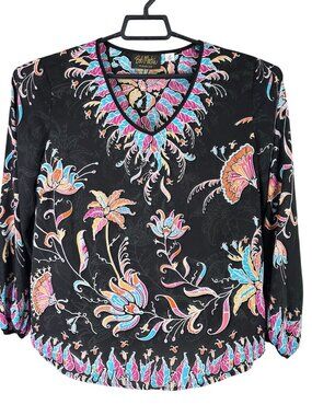 Womens Bob Mackie Wearable Art Black Floral Top V-Neck Long Sleeve Polyester Siz